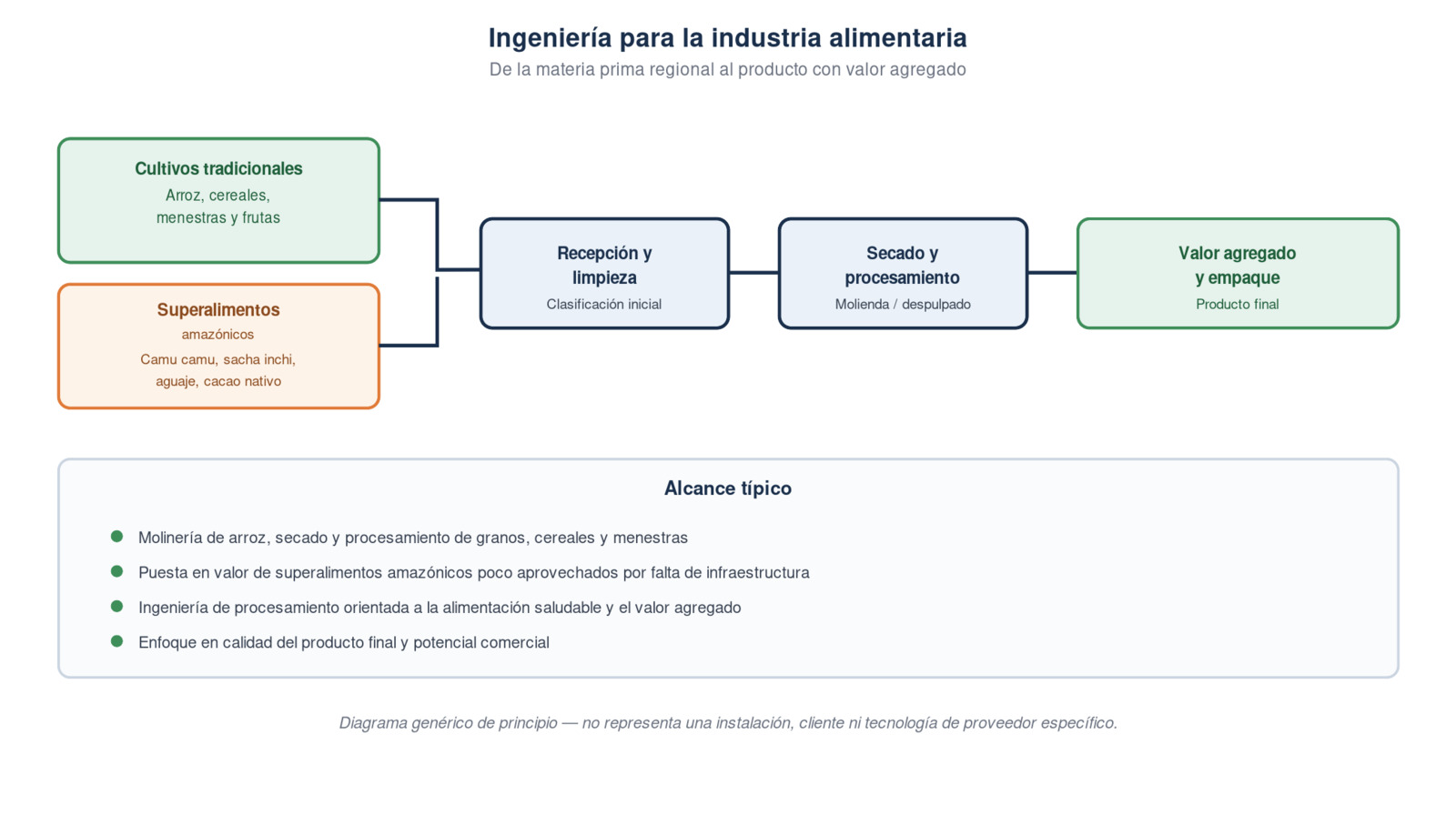Esquema de ingeniería para la industria alimentaria, de cultivos tradicionales y superalimentos amazónicos al producto con valor agregado