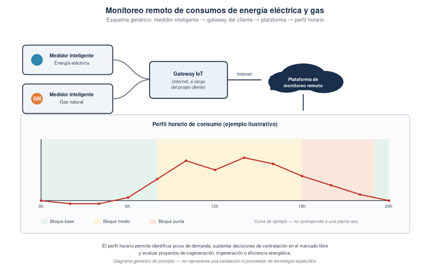 Esquema genérico de monitoreo remoto de consumos de energía eléctrica y gas: medidor inteligente, gateway del cliente, plataforma y perfil horario de consumo