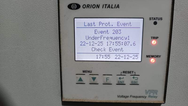 Pantalla de relé de frecuencia Orion Italia VFR mostrando el registro de un evento de disparo por baja frecuencia